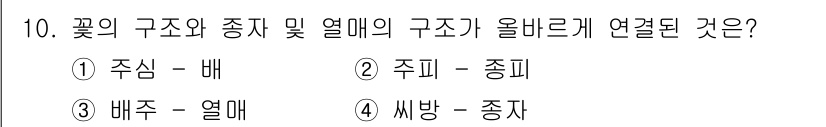 임업종묘기사 2019년 10번 - 꽃의 구조에서 주피는 종피와 연결되어 있어 씨앗을 보호하는 역할을 합니다... 에 관한 핵심 기출문제