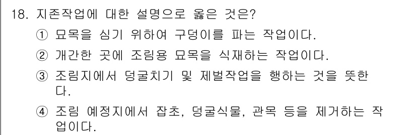 임업종묘기사 2019년 18번 - 지주소작업은 조림 이전의 땅에서 불필요한 식생을 제거해 자생식물이 잘 자... 에 관한 핵심 기출문제