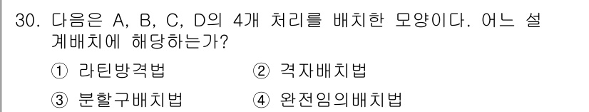 임업종묘기사 2019년 30번 - 정답은 1번 라틴방격법이다. 라틴방격법은 모든 처리가 동일한 확률로 나타... 에 관한 핵심 기출문제