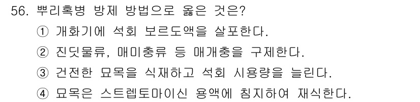 임업종묘기사 2019년 56번 - 뿌리혹병 방지 방법으로 4번이 옳은 이유는, 먼저 마르지 않게 관리를 하... 에 관한 핵심 기출문제