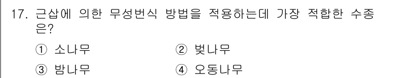 임업종묘기사 2020년 17번 - 4. 오동나무  
오동나무는 무성번식 방법인 씨의 삭수로 번식하기에 적합... 에 관한 핵심 기출문제