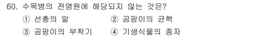 임업종묘기사 2020년 60번 - 수목병의 전염원에 해당되지 않는 것은 3번 '곰팡이의 부재'입니다. 전염... 에 관한 핵심 기출문제