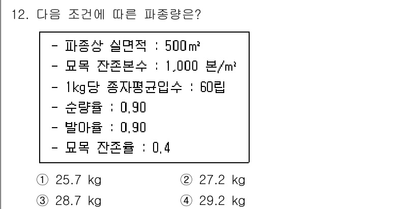 임업종묘기사 2021년 12번 - 파종량을 계산하기 위해선, 주어진 파종사이즈와 잔존본수를 활용하여 최종 ... 에 관한 핵심 기출문제