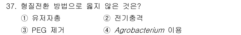 임업종묘기사 2021년 37번 - 형질전환 방법 중 PEG 처리는 세포를 변형시키기 위한 물리적 방법이 아... 에 관한 핵심 기출문제