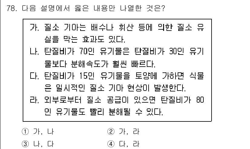 임업종묘기사 2021년 78번 - 정답인 이유: 설명에서 "질소가 70인 경우"와 "유기물 부하"에 대한 ... 에 관한 핵심 기출문제