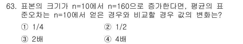 사회조사분석사_2급 2021년 63번 - 주어진 문제는 표본 크기가 n=10에서 n=160으로 증가할 때, 평균의... 에 관한 핵심 기출문제