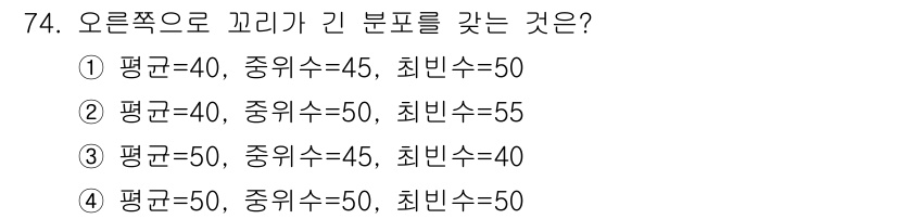 사회조사분석사_2급 2021년 74번 - 평균이 50으로, 중위수도 50으로, 최빈수도 50으로 동일하여 정규분포... 에 관한 핵심 기출문제