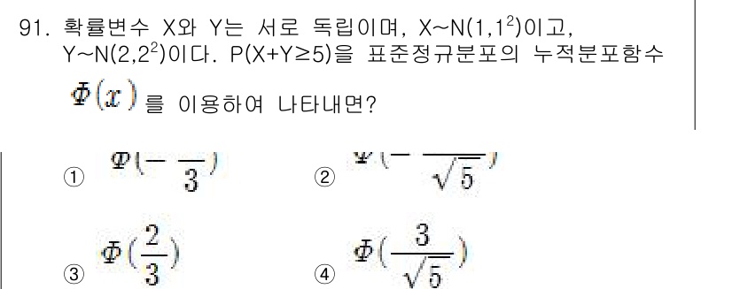 사회조사분석사_2급 2021년 91번 - 주어진 확률변수 \( X \)와 \( Y \)의 합 \( X + Y \)... 에 관한 핵심 기출문제
