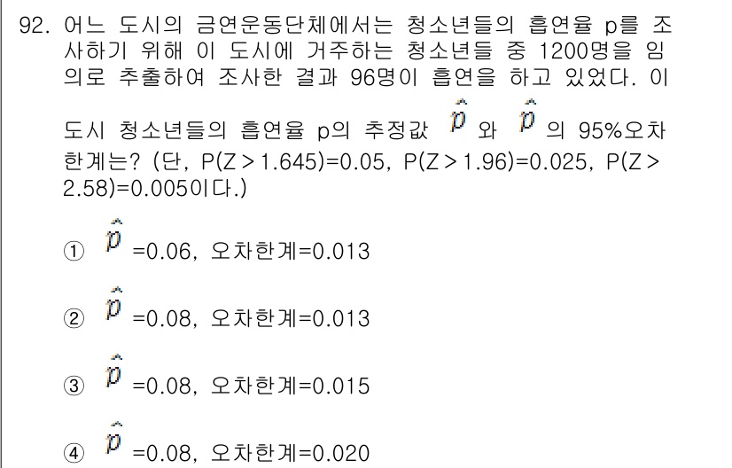 사회조사분석사_2급 2021년 92번 - 주어진 문제는 청소년들의 흡연율 추정과 관련된 가설 검증을 다루고 있습니... 에 관한 핵심 기출문제