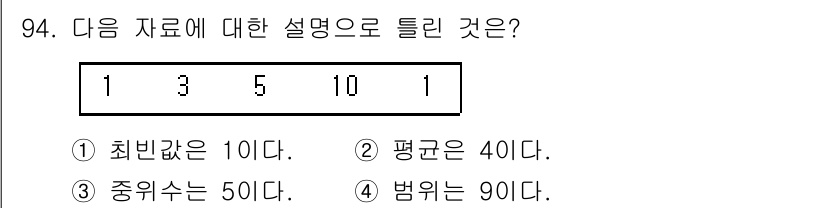 사회조사분석사_2급 2021년 94번 - 주어진 데이터는 1, 3, 5, 10, 1로 구성되어 있습니다. 최빈값은... 에 관한 핵심 기출문제