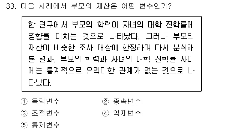 사회복지사_1급(1교시)(구) 2022년 33번 - 부모의 학력이 자녀의 대학 진학에 미치는 영향을 분석한 연구는 독립변수와... 에 관한 핵심 기출문제