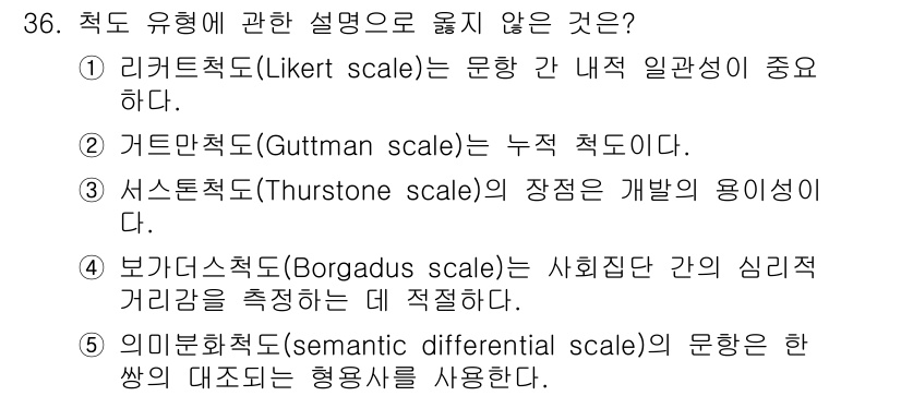 사회복지사_1급(1교시)(구) 2022년 36번 - 서스톤 척도(Thurstone scale)는 특정 개념에 대한 의견의 평... 에 관한 핵심 기출문제