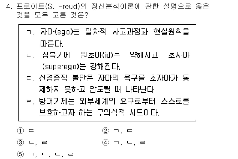 사회복지사_1급(1교시)(구) 2022년 4번 - 프로이트의 이론에서 자아(ego)는 현실 원칙에 따라 작동하고, 본능(i... 에 관한 핵심 기출문제