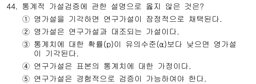 사회복지사_1급(1교시)(구) 2022년 44번 - . 영가설은 연구가설과 대조된다. 

영가설(Null Hypothesis... 에 관한 핵심 기출문제