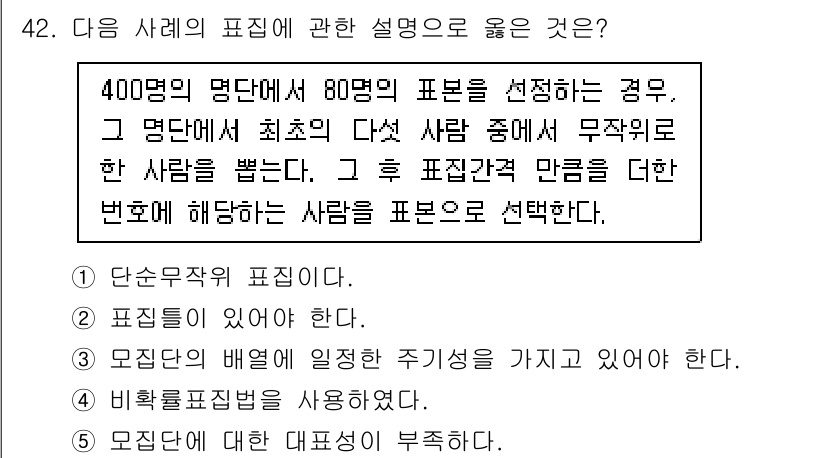 사회복지사_1급(1교시) 2022년 42번 - 주어진 설명에서 "400명의 명단에서 80명의 표본을 선정하는 경우"는 ... 에 관한 핵심 기출문제