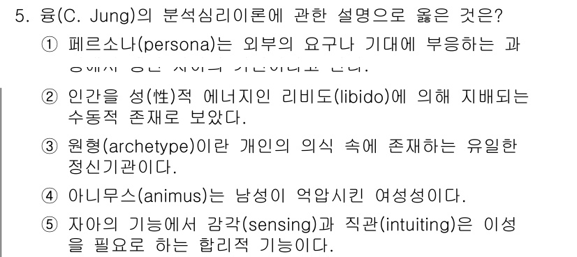 사회복지사_1급(1교시) 2022년 5번 - 페르소나(persona)는 외부의 기대에 부응하며 사회적 역할을 수행하는... 에 관한 핵심 기출문제