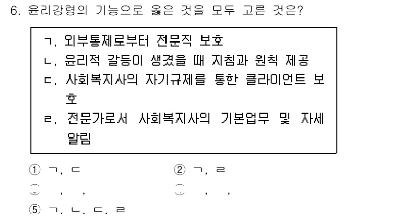 사회복지사_1급(2교시)(구) 2022년 6번 - 윤리강령의 기능으로 옳은 것은 C(사회복지사의 자기규제를 통한 클라이언트... 에 관한 핵심 기출문제