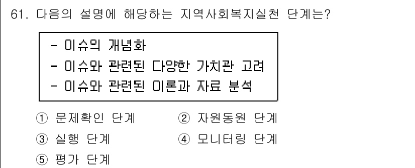 사회복지사_1급(2교시)(구) 2022년 61번 - 정답은 1번 "문제확인 단계"입니다. 지역사회복지실천의 첫 단계에서 이슈... 에 관한 핵심 기출문제