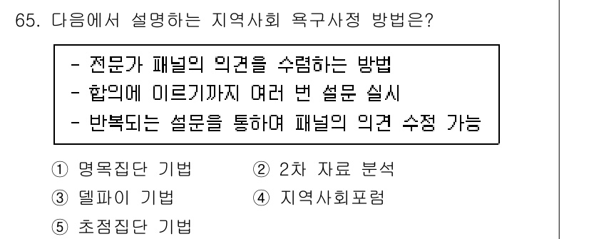 사회복지사_1급(2교시)(구) 2022년 65번 - 번 지역사회 포럼

이 방법은 다양한 이해관계자들이 모여 의견을 공유하고... 에 관한 핵심 기출문제