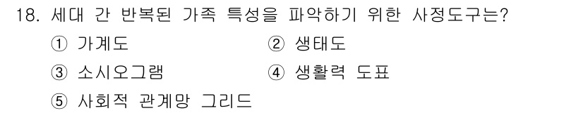 사회복지사_1급(2교시) 2022년 18번 - . 가계도  
가계도는 세대 간의 가족 특성을 시각적으로 나타내는 도구로... 에 관한 핵심 기출문제