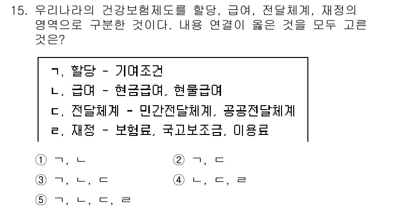 사회복지사_1급(3교시)(구) 2022년 15번 - 주어진 모든 항목은 건강보험제도와 관련된 요소들로, 기여조건, 현금급여,... 에 관한 핵심 기출문제