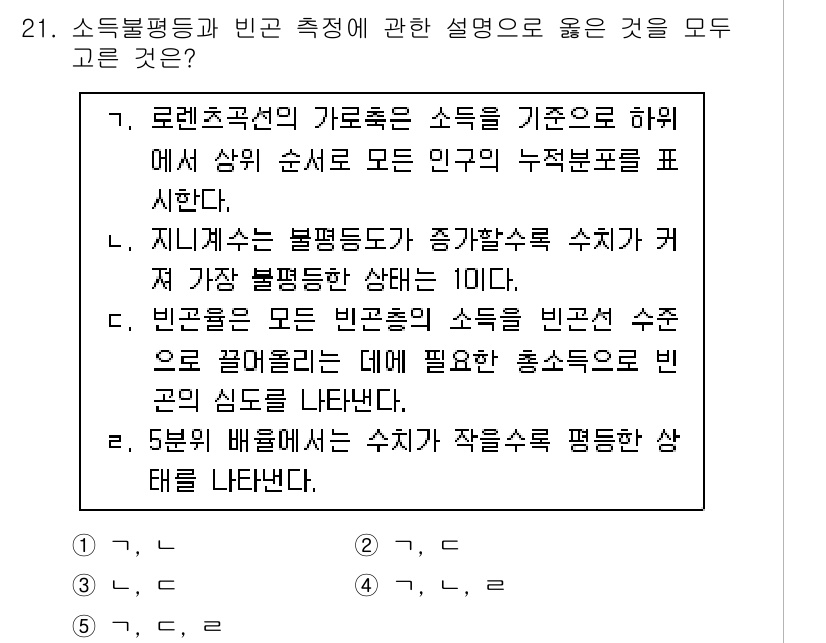 사회복지사_1급(3교시)(구) 2022년 21번 - 소득불평등은 빈곤 측정의 중요한 요소로, 소득의 분포와 변화를 분석하는 ... 에 관한 핵심 기출문제