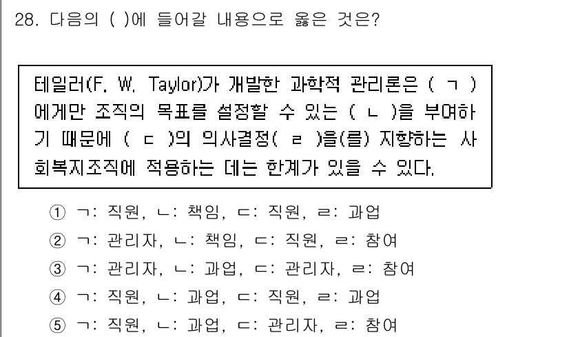 사회복지사_1급(3교시)(구) 2022년 28번 - 주어진 문장에서 ( )에 들어갈 내용은 테일러의 과학적 관리론과 관련이 ... 에 관한 핵심 기출문제