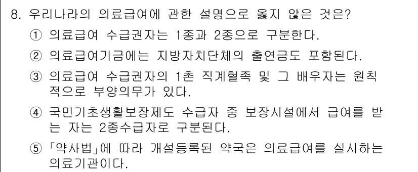 사회복지사_1급(3교시)(구) 2022년 8번 - '약사법'에 따라 개설된 약국은 의료기관이 아니라는 점에서 다른 옵션들과... 에 관한 핵심 기출문제