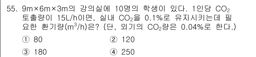 공조냉동기계기사 2017년 55번 - 필요한 환기량을 계산하기 위해, 실내 CO2 농도와 허용 농도의 차이를 ... 에 관한 핵심 기출문제