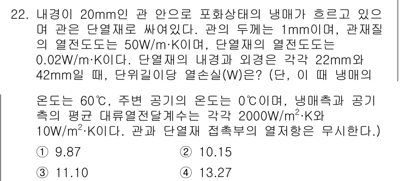 공조냉동기계기사(구) 2018년 22번 - 주어진 문제에서 두께가 1mm인 관의 열전도율과 열전달 계수를 이용해 두... 에 관한 핵심 기출문제