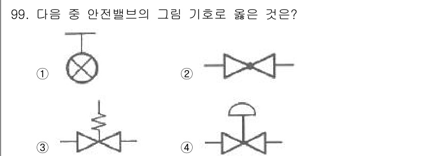 공조냉동기계기사(구) 2018년 99번 - 정답 3번은 안전밸브의 올바른 기호로, 압력이 설정된 값을 초과할 경우 ... 에 관한 핵심 기출문제