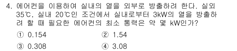 공조냉동기계기사 2018년 4번 - 열역학 제2법칙에 따라, 열교환기가 필요로 하는 최소 통열량(Q)과 온도... 에 관한 핵심 기출문제