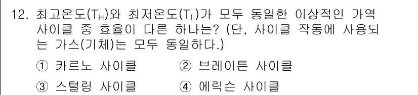 공조냉동기계기사 2019년 12번 - 브레이트 사이클은 최고온도(T_h)와 최저온도(T_c)에서 두 가지 온도... 에 관한 핵심 기출문제