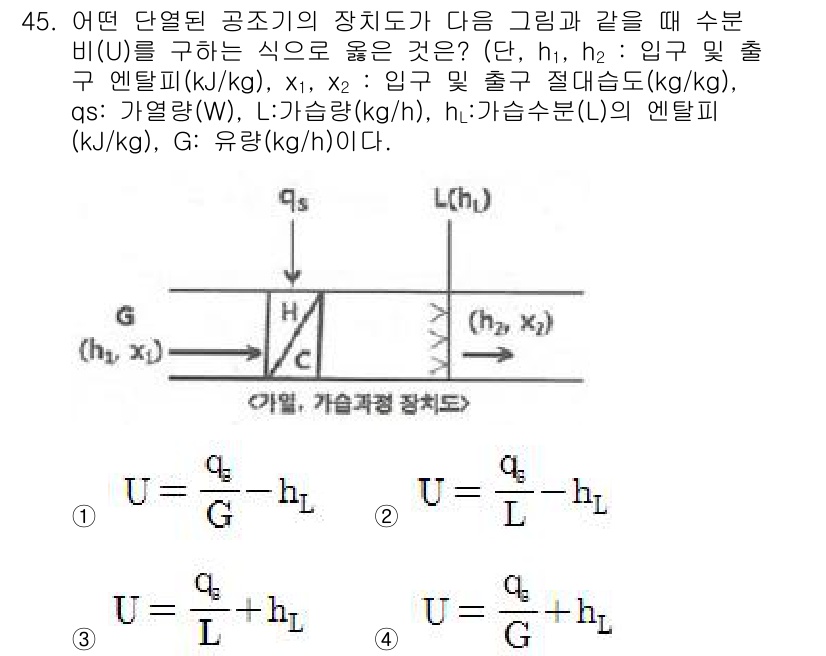 공조냉동기계기사 2019년 45번 - 이유: 문제에서 주어진 식 U는 열교환과 관련된 수식으로 나타내며, h₁... 에 관한 핵심 기출문제