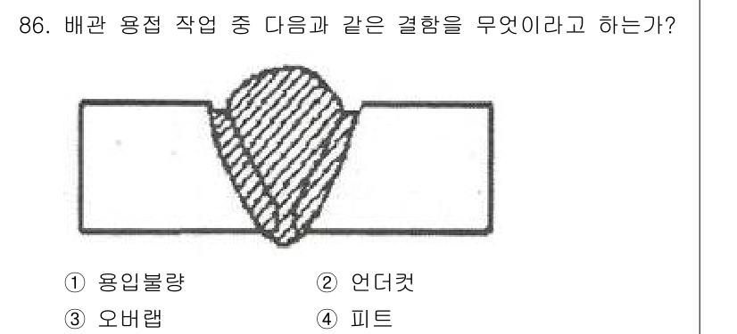 공조냉동기계기사 2019년 86번 - 정답은 2번, 언더컷이다. 배관 용접에서 언더컷은 용접 선의 가장자리에서... 에 관한 핵심 기출문제