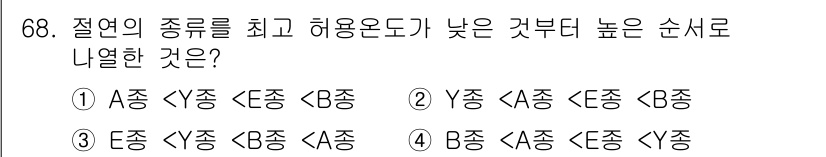 공조냉동기계기사 2020년 68번 - . 

절연의 종류를 최고 허용온도에 따라 구분할 때, A종이 가장 높고... 에 관한 핵심 기출문제
