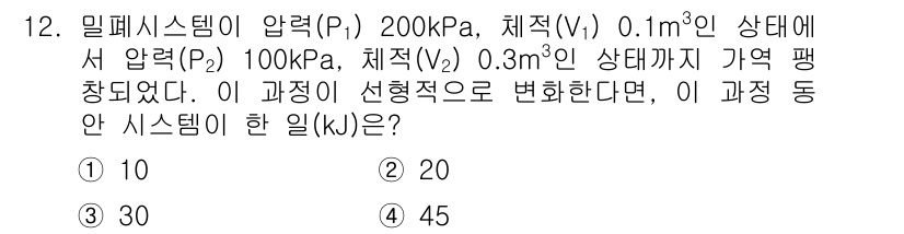 공조냉동기계기사 2021년 12번 - 주어진 문제는 밀폐 시스템에서의 업무를 다루고 있습니다. 압력 변화에 따... 에 관한 핵심 기출문제
