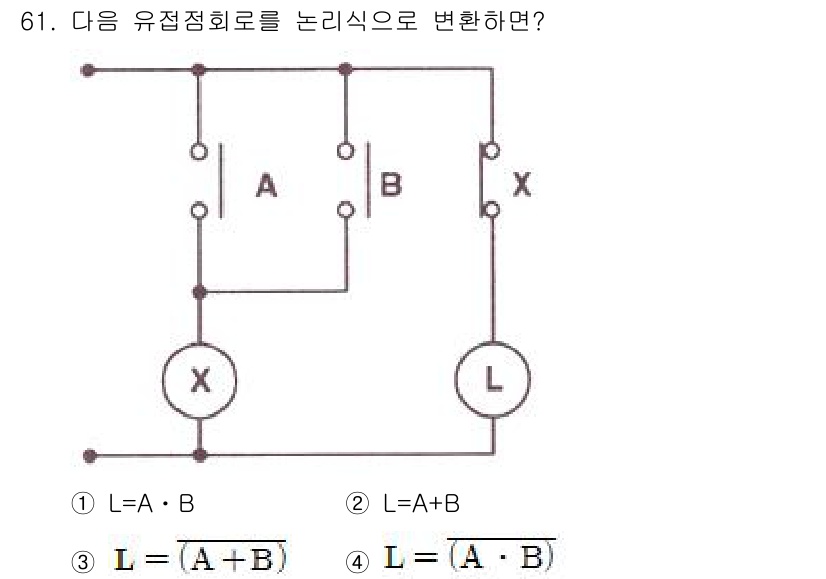 공조냉동기계기사 2021년 60번 - 주어진 회로에서 X와 L을 논리식으로 표현하면, X는 A와 B의 OR 연... 에 관한 핵심 기출문제