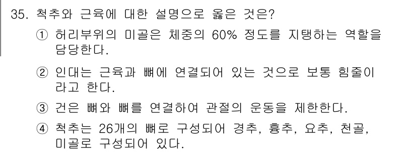 인간공학기사 2022년 35번 - . 척추는 26개의 뼈로 구성되어 경추, 흉추, 요추, 천골, 미골로 나... 에 관한 핵심 기출문제