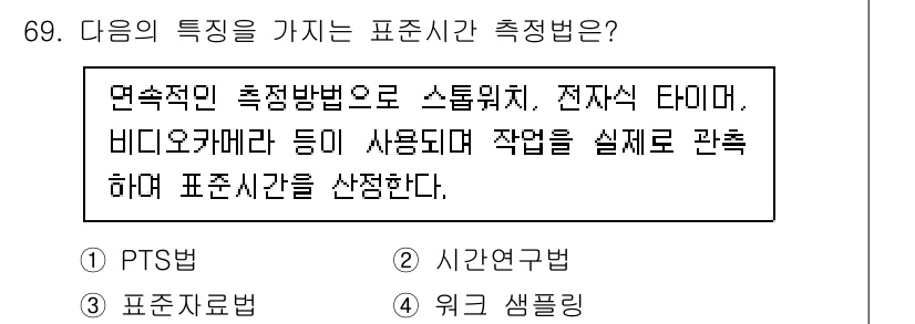 인간공학기사 2022년 69번 - 정답 2번인 "시간연구법"은 작업의 시간을 측정하고 분석하기 위한 방법으... 에 관한 핵심 기출문제