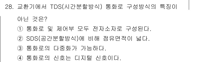 통신선로산업기사(통합편입) 2016년 28번 - TDS 통신 방식은 SDS에 비해 점유 면적이 크지 않으며, 이는 시간 ... 에 관한 핵심 기출문제