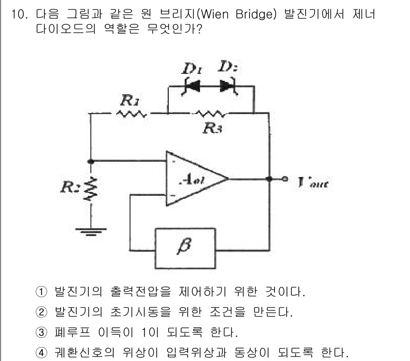 통신선로산업기사(통합편입) 2019년 10번 - 와인 브릿지 회로에서 제너 다이오드의 역할은 일정한 전압을 유지하는 것입... 에 관한 핵심 기출문제
