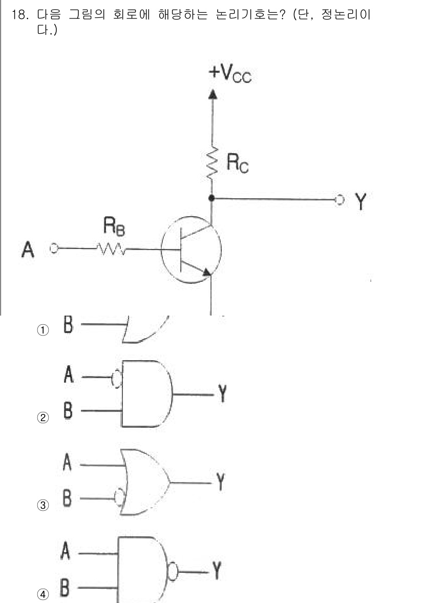 통신선로산업기사(통합편입) 2019년 18번 - 주어진 회로에서 트랜지스터가 스위칭 동작을 하는 구조입니다. 입력 값을 ... 에 관한 핵심 기출문제