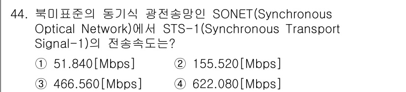 통신선로산업기사(통합편입) 2019년 44번 - . 

SONET에서 STS-1의 전송속도는 51.840 Mbps로 정의... 에 관한 핵심 기출문제