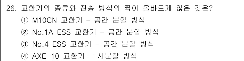 통신선로산업기사(통합편입) 2020년 26번 - No.4 ESS 교환기는 공간 분할 방식이 아니라 시분할 방식으로 동작합... 에 관한 핵심 기출문제