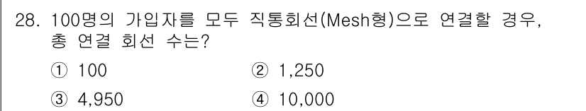 통신선로산업기사(통합편입) 2020년 28번 - 직통 회선 방식에서 모든 노드가 서로 연결될 경우, 총 연결 회선 수는 ... 에 관한 핵심 기출문제
