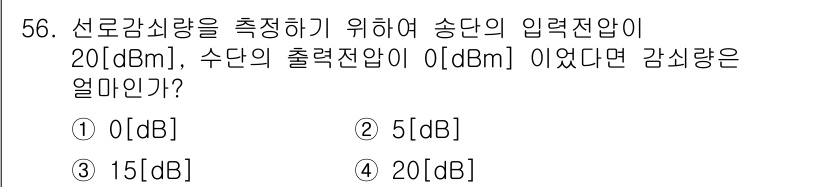 통신선로산업기사(통합편입) 2020년 56번 - 송단의 입력전압이 20 dBm이고, 출력전압이 0 dBm일 때, 감쇠량은... 에 관한 핵심 기출문제