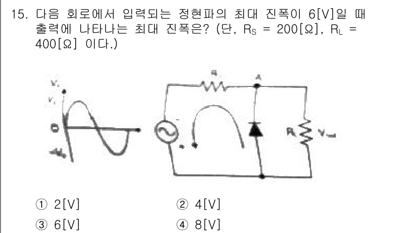 통신선로산업기사(통합편입) 2021년 15번 - 주어진 회로에서 입력 전압이 6[V]인 정현파가 공급될 때, 출력 전압은... 에 관한 핵심 기출문제