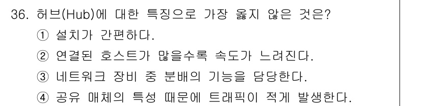 통신선로산업기사(통합편입) 2021년 36번 - 허브(Hub)의 특징 중 가장 옳지 않은 것은 ④ 공유 매체의 특성 때문... 에 관한 핵심 기출문제