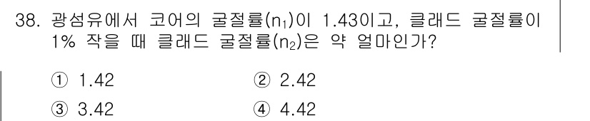 통신선로산업기사(통합편입) 2021년 38번 - 광섬유의 굴절률 \( n \)는 굴절률 공식에 의해 관련이 있습니다. 클... 에 관한 핵심 기출문제